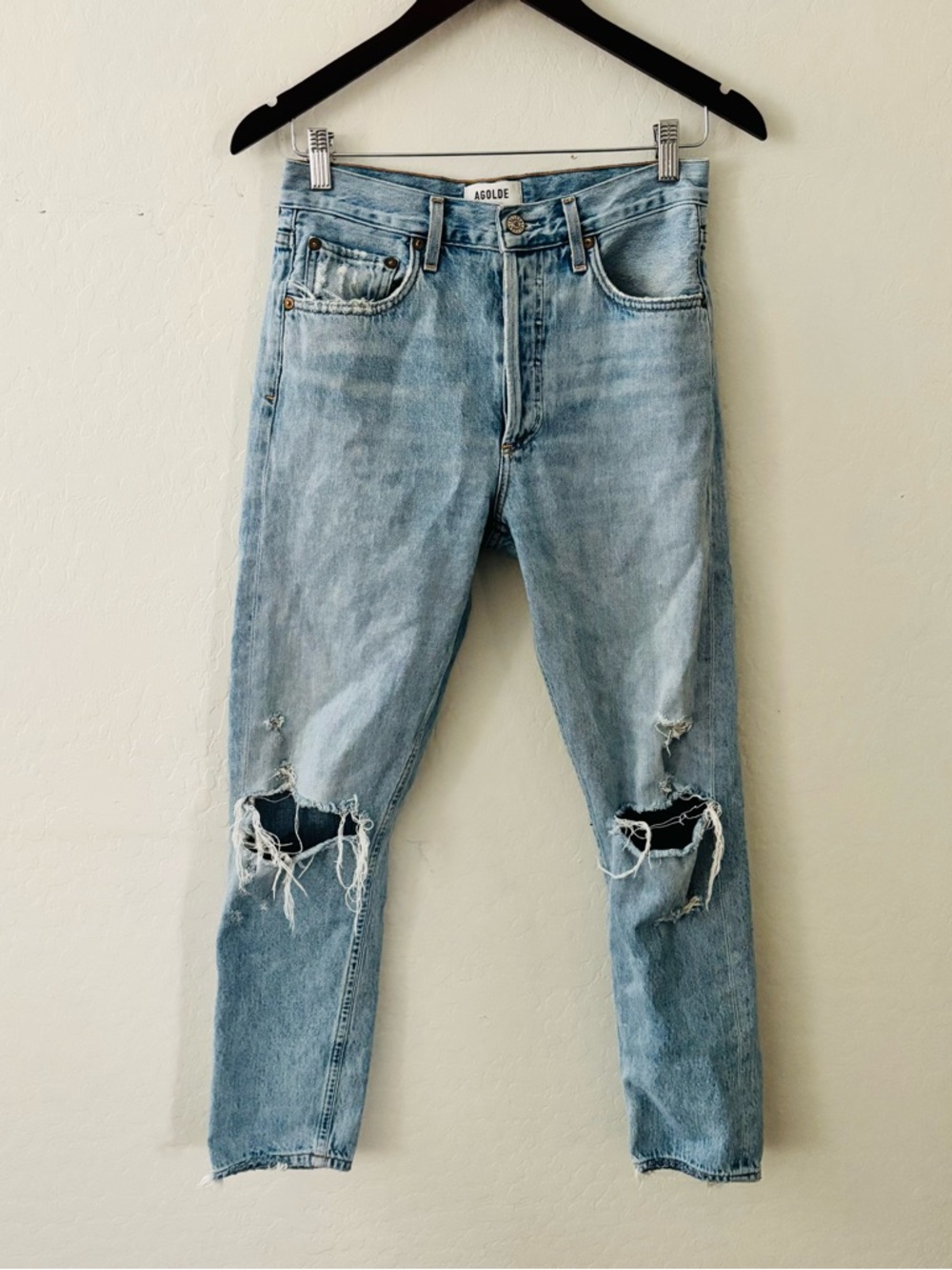 Agolde Jamie‎ High Rise Light Blue Distressed Slim Straight Jeans Size 26 Cotton
